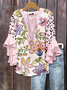 Women's Floral Leopard Print Ruffle Sleeve Top
