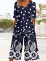 V Neck Vintage Gradient Pattern Loose Jumpsuit