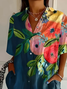 Women's Short Sleeve Shirt Summer Navyblue Floral Printing Shirt Collar Daily Going Out Casual Top